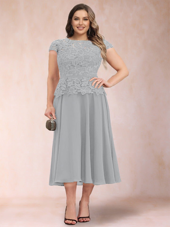 A-Line/Princess Chiffon Scoop Short Sleeves Plus Size Mother of the Bride Dresses with Applique