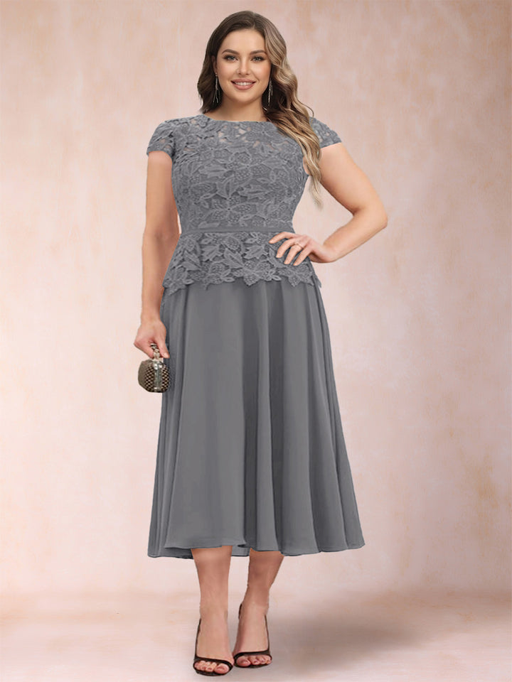 A-Line/Princess Chiffon Scoop Short Sleeves Plus Size Mother of the Bride Dresses with Applique