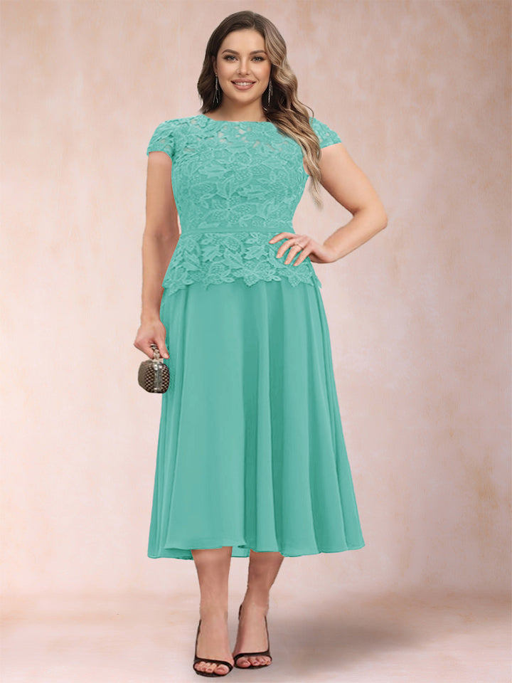 A-Line/Princess Chiffon Scoop Short Sleeves Plus Size Mother of the Bride Dresses with Applique