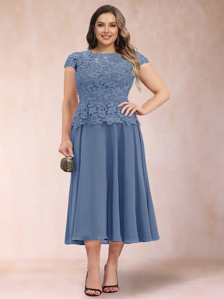 A-Line/Princess Chiffon Scoop Short Sleeves Plus Size Mother of the Bride Dresses with Applique
