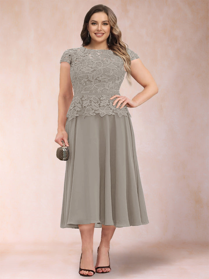 A-Line/Princess Chiffon Scoop Short Sleeves Plus Size Mother of the Bride Dresses with Applique
