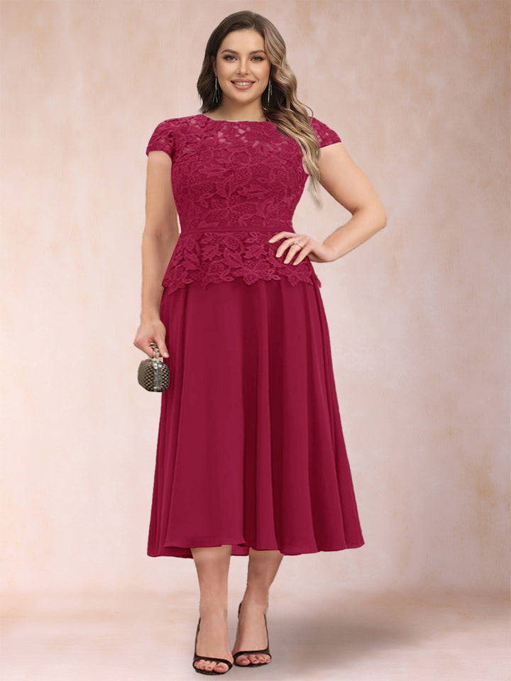 A-Line/Princess Chiffon Scoop Short Sleeves Plus Size Mother of the Bride Dresses with Applique