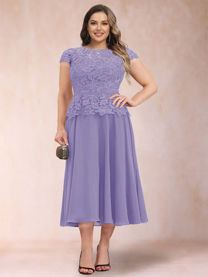 A-Line/Princess Chiffon Scoop Short Sleeves Plus Size Mother of the Bride Dresses with Applique
