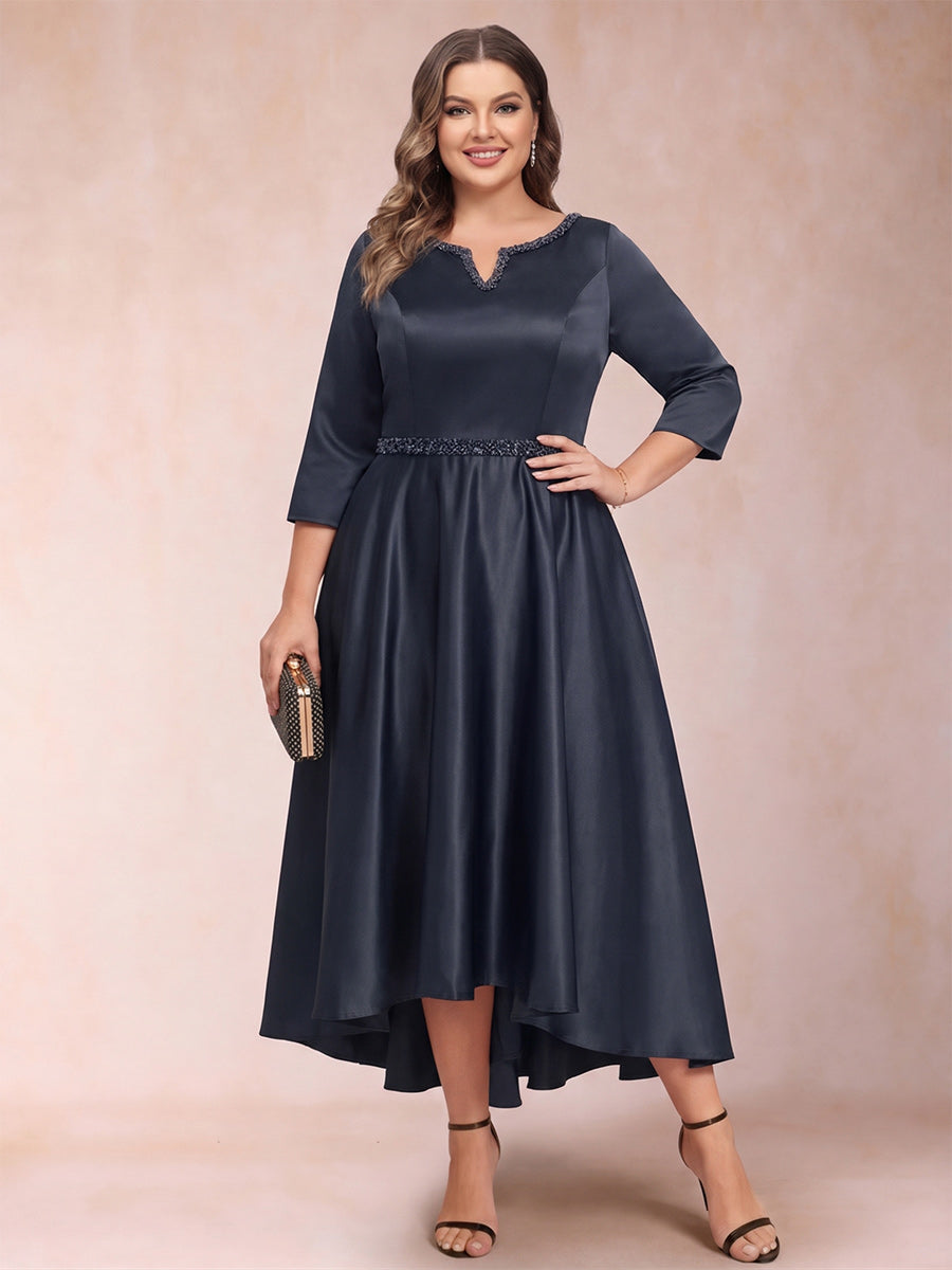 Navy Blue Mother of the Groom Dresses 2026 Women's A-Line V-Neck 3/4 Sleeves Plus Size Asymmetrical Evening Gowns with Beading & Pocket