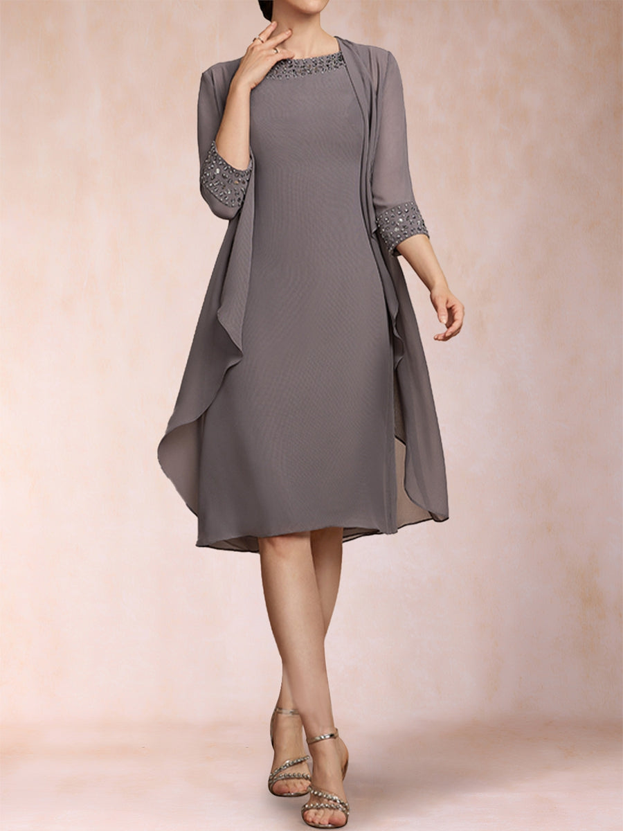 Sheath/Column Scoop 3/4 Sleeves 2 Pieces Mother of the Bride Dresses with Rhinestone &amp; Jacket