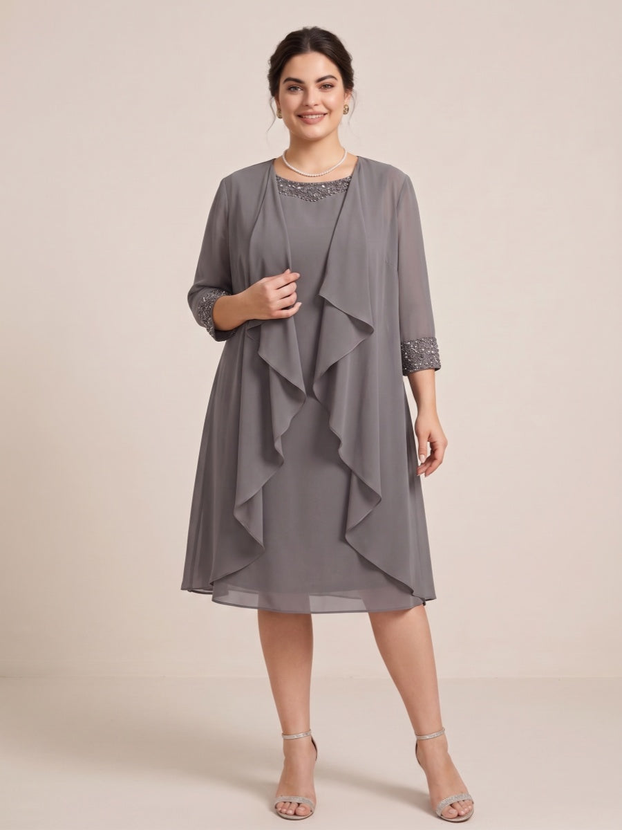 Sheath/Column Scoop 3/4 Sleeves 2 Pieces Plus Size Mother of the Bride Dresses with Rhinestone & Jacket