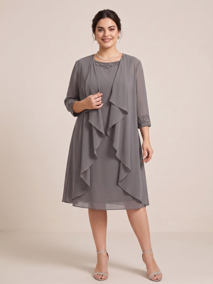 Sheath/Column Scoop 3/4 Sleeves 2 Pieces Plus Size Mother of the Bride Dresses with Rhinestone &amp; Jacket