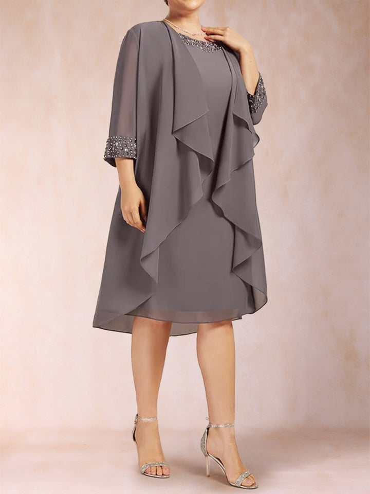 Sheath/Column Scoop 3/4 Sleeves 2 Pieces Plus Size Mother of the Bride Dresses with Rhinestone &amp; Jacket