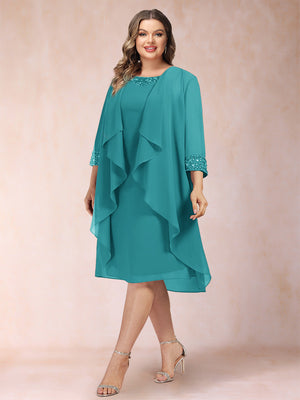 Sheath/Column Scoop 3/4 Sleeves 2 Pieces Plus Size Mother of the Bride Dresses with Rhinestone & Jacket
