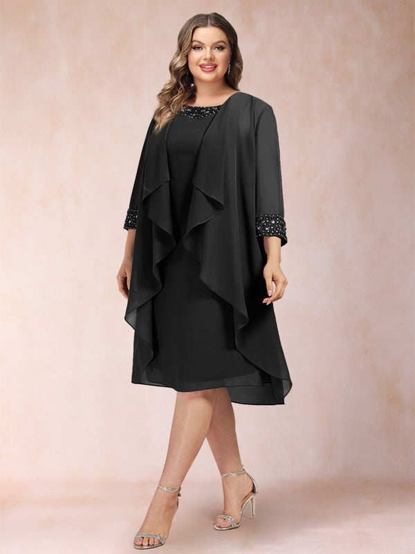 Sheath/Column Scoop 3/4 Sleeves 2 Pieces Plus Size Mother of the Bride Dresses with Rhinestone & Jacket