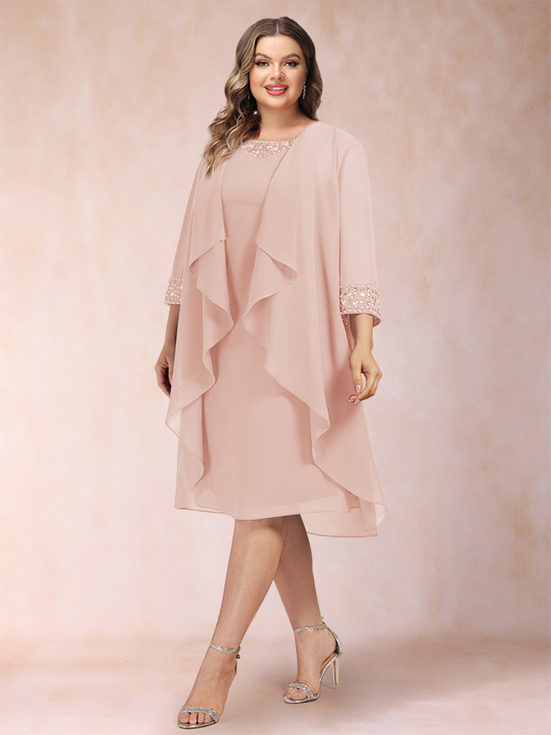 Sheath/Column Scoop 3/4 Sleeves 2 Pieces Plus Size Mother of the Bride Dresses with Rhinestone &amp; Jacket