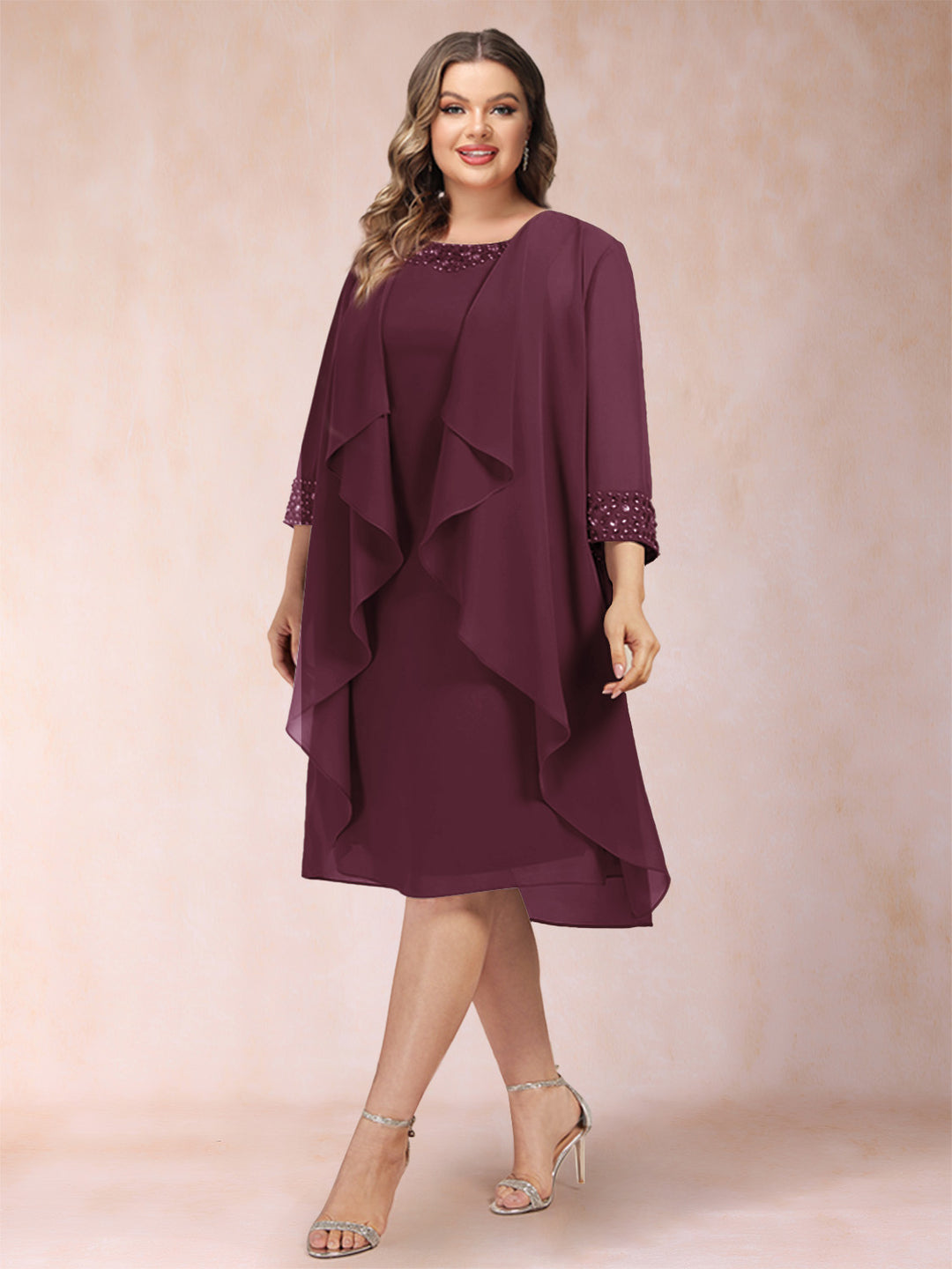 Sheath/Column Scoop 3/4 Sleeves 2 Pieces Plus Size Mother of the Bride Dresses with Rhinestone &amp; Jacket