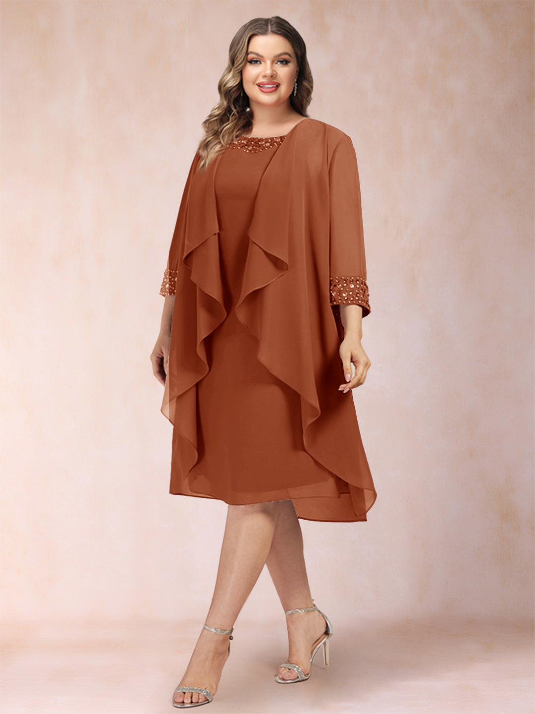 Sheath/Column Scoop 3/4 Sleeves 2 Pieces Plus Size Mother of the Bride Dresses with Rhinestone &amp; Jacket