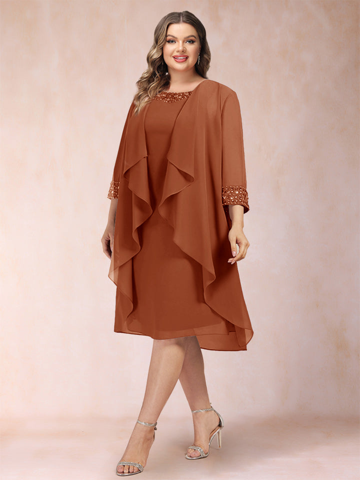 Sheath/Column Scoop 3/4 Sleeves 2 Pieces Plus Size Mother of the Bride Dresses with Rhinestone &amp; Jacket