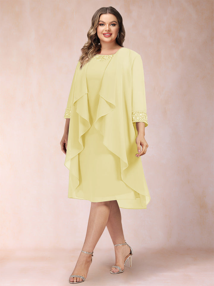 Sheath/Column Scoop 3/4 Sleeves 2 Pieces Plus Size Mother of the Bride Dresses with Rhinestone &amp; Jacket
