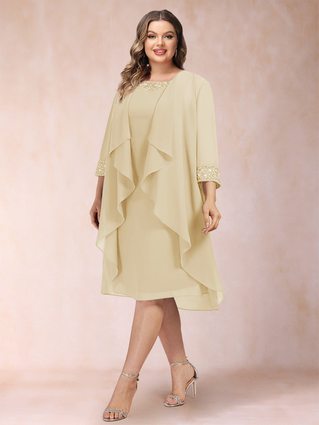 Sheath/Column Scoop 3/4 Sleeves 2 Pieces Plus Size Mother of the Bride Dresses with Rhinestone &amp; Jacket