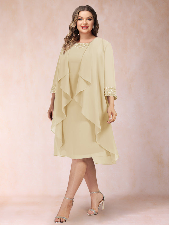 Sheath/Column Scoop 3/4 Sleeves 2 Pieces Plus Size Mother of the Bride Dresses with Rhinestone &amp; Jacket