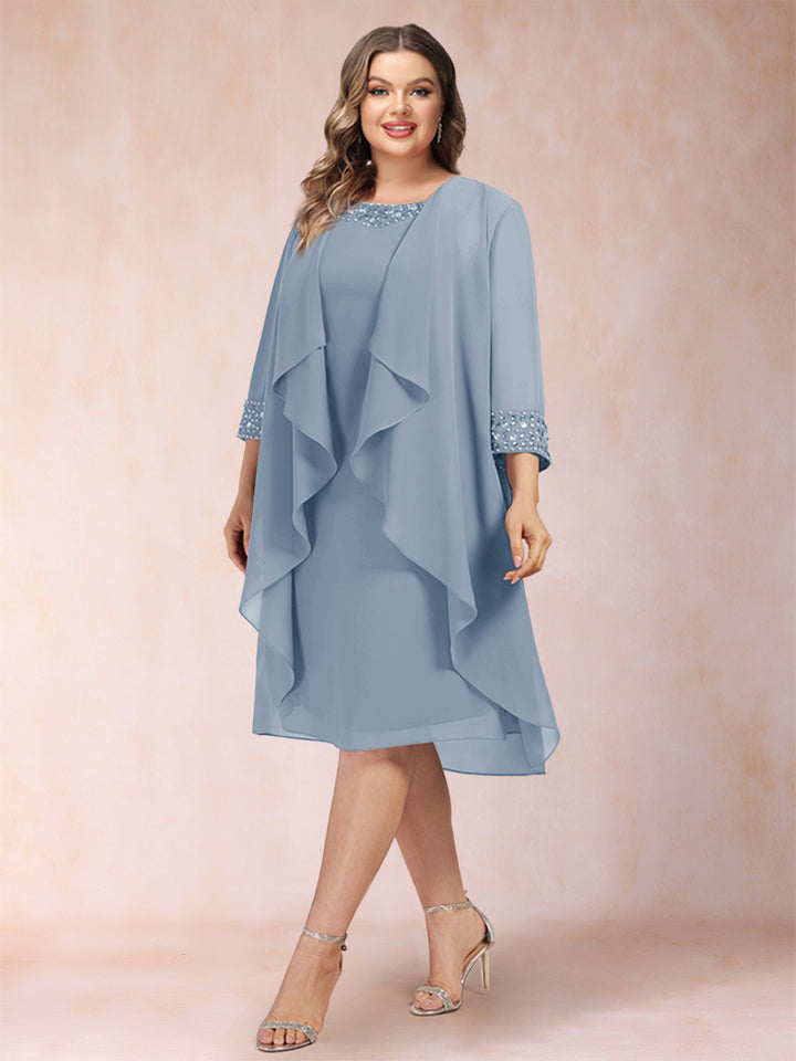Sheath/Column Scoop 3/4 Sleeves 2 Pieces Plus Size Mother of the Bride Dresses with Rhinestone &amp; Jacket