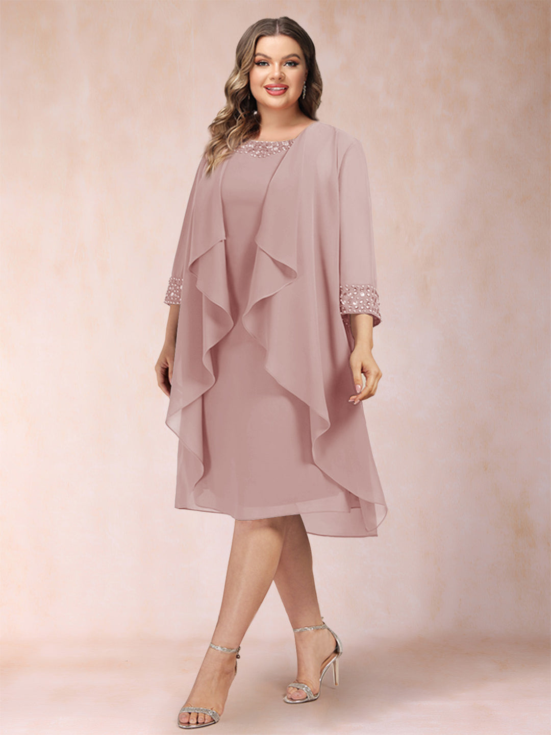 Sheath/Column Scoop 3/4 Sleeves 2 Pieces Plus Size Mother of the Bride Dresses with Rhinestone &amp; Jacket
