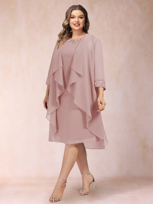 Sheath/Column Scoop 3/4 Sleeves 2 Pieces Plus Size Mother of the Bride Dresses with Rhinestone & Jacket