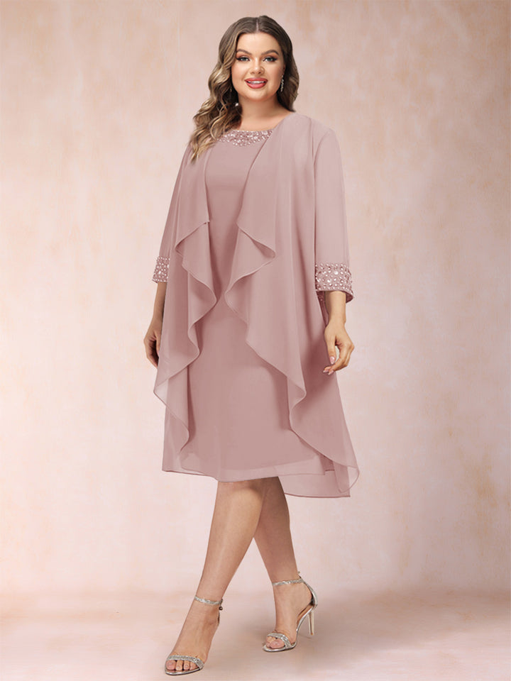 Sheath/Column Scoop 3/4 Sleeves 2 Pieces Plus Size Mother of the Bride Dresses with Rhinestone &amp; Jacket