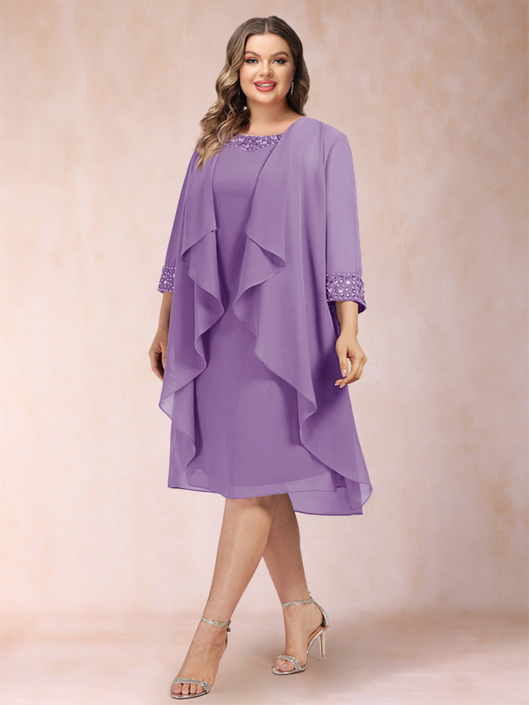 Sheath/Column Scoop 3/4 Sleeves 2 Pieces Plus Size Mother of the Bride Dresses with Rhinestone &amp; Jacket