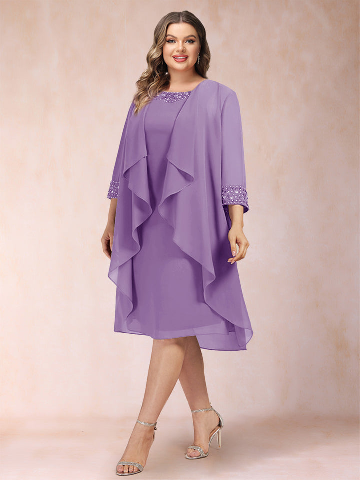Sheath/Column Scoop 3/4 Sleeves 2 Pieces Plus Size Mother of the Bride Dresses with Rhinestone &amp; Jacket