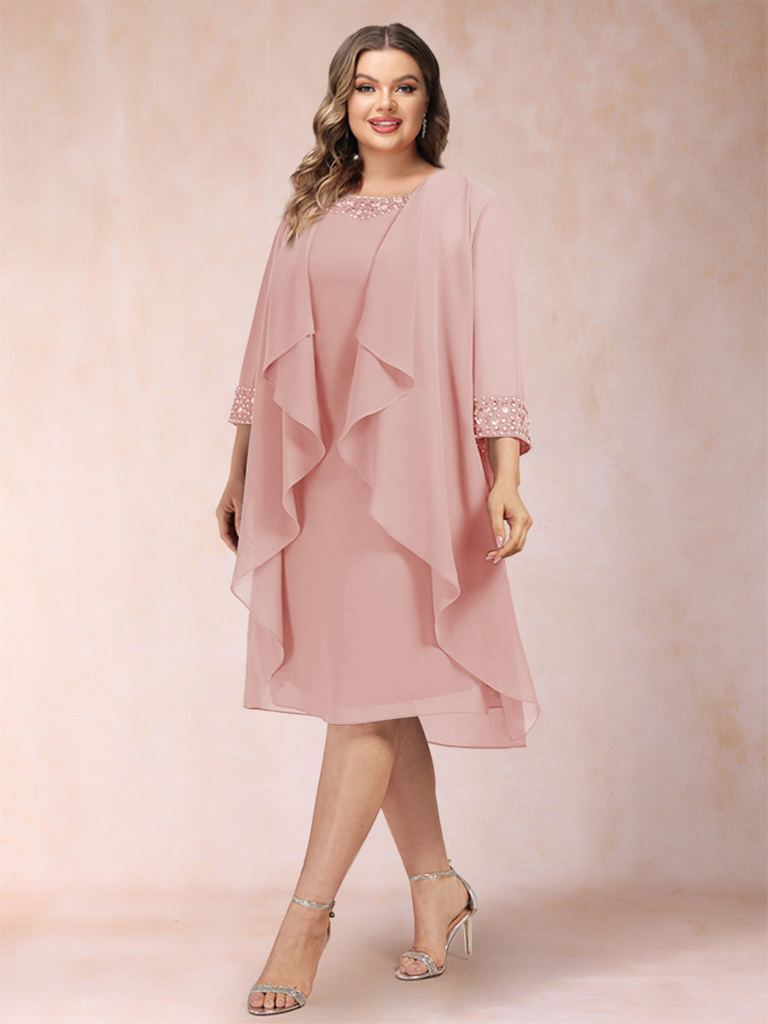 Sheath/Column Scoop 3/4 Sleeves 2 Pieces Plus Size Mother of the Bride Dresses with Rhinestone &amp; Jacket