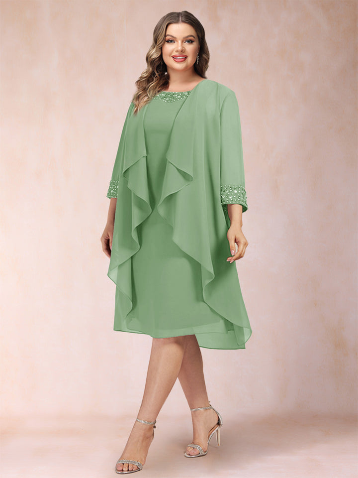 Sheath/Column Scoop 3/4 Sleeves 2 Pieces Plus Size Mother of the Bride Dresses with Rhinestone &amp; Jacket