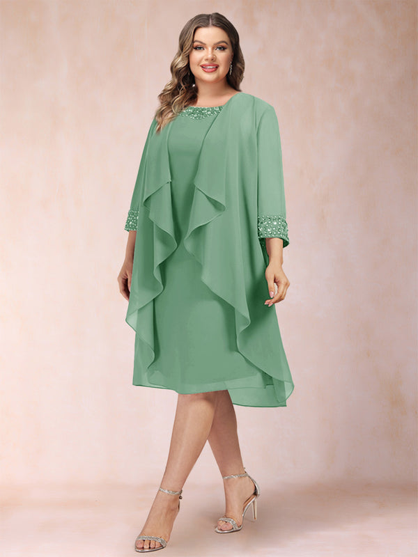 Sheath/Column Scoop 3/4 Sleeves 2 Pieces Plus Size Mother of the Bride Dresses with Rhinestone & Jacket