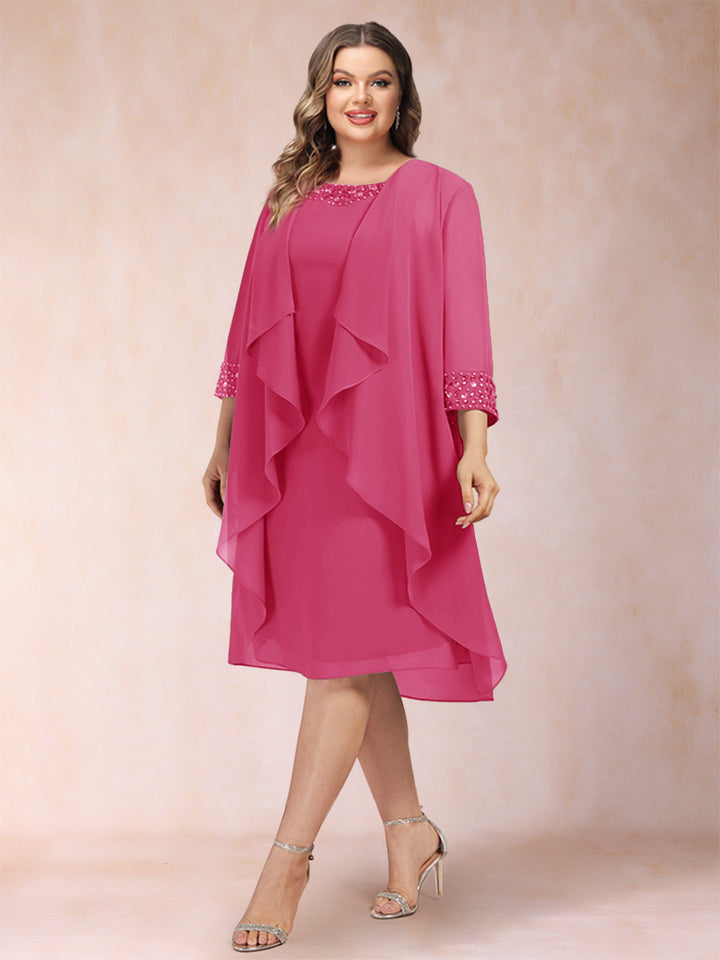 Sheath/Column Scoop 3/4 Sleeves 2 Pieces Plus Size Mother of the Bride Dresses with Rhinestone &amp; Jacket