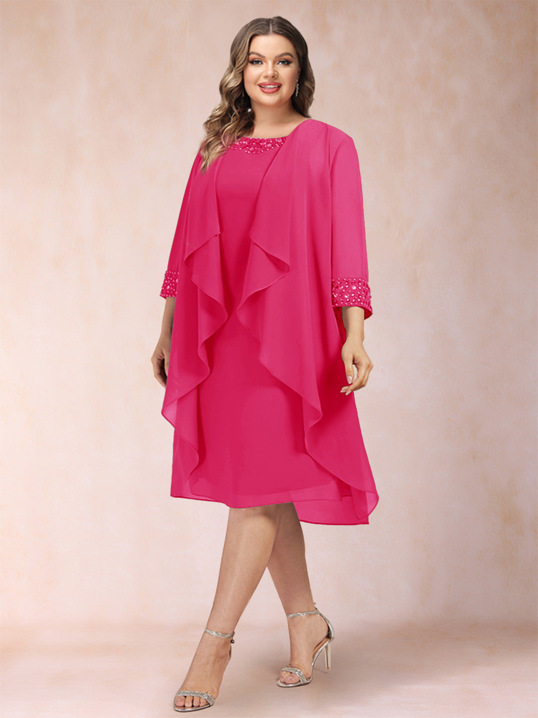Sheath/Column Scoop 3/4 Sleeves 2 Pieces Plus Size Mother of the Bride Dresses with Rhinestone &amp; Jacket