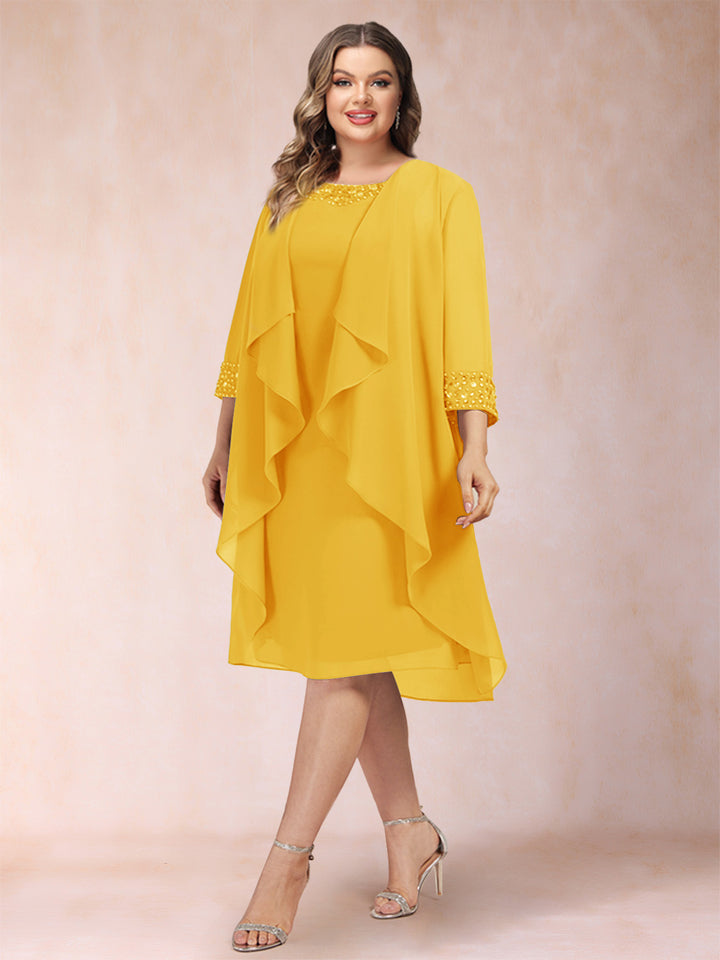 Sheath/Column Scoop 3/4 Sleeves 2 Pieces Plus Size Mother of the Bride Dresses with Rhinestone &amp; Jacket
