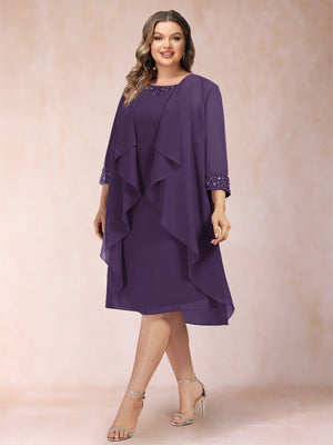 Sheath/Column Scoop 3/4 Sleeves 2 Pieces Plus Size Mother of the Bride Dresses with Rhinestone & Jacket