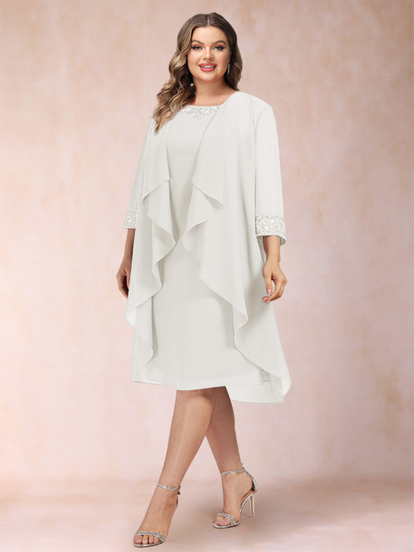 Sheath/Column Scoop 3/4 Sleeves 2 Pieces Plus Size Mother of the Bride Dresses with Rhinestone & Jacket