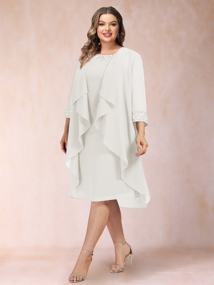 Sheath/Column Scoop 3/4 Sleeves 2 Pieces Plus Size Mother of the Bride Dresses with Rhinestone &amp; Jacket