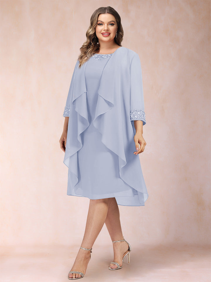 Sheath/Column Scoop 3/4 Sleeves 2 Pieces Plus Size Mother of the Bride Dresses with Rhinestone &amp; Jacket