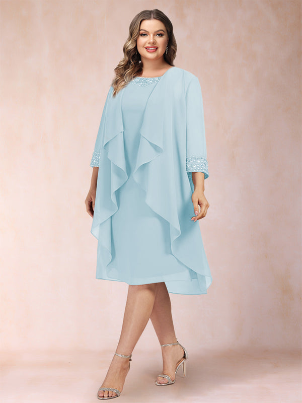 Sheath/Column Scoop 3/4 Sleeves 2 Pieces Plus Size Mother of the Bride Dresses with Rhinestone & Jacket