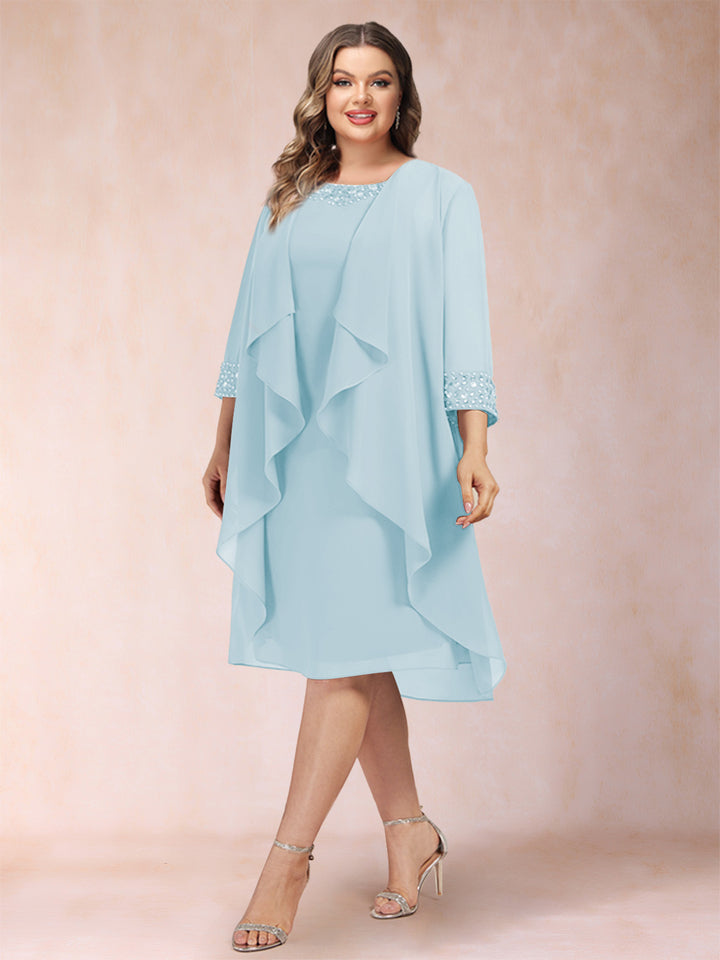 Sheath/Column Scoop 3/4 Sleeves 2 Pieces Plus Size Mother of the Bride Dresses with Rhinestone &amp; Jacket