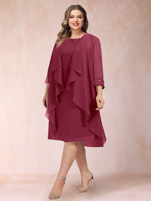 Sheath/Column Scoop 3/4 Sleeves 2 Pieces Plus Size Mother of the Bride Dresses with Rhinestone & Jacket