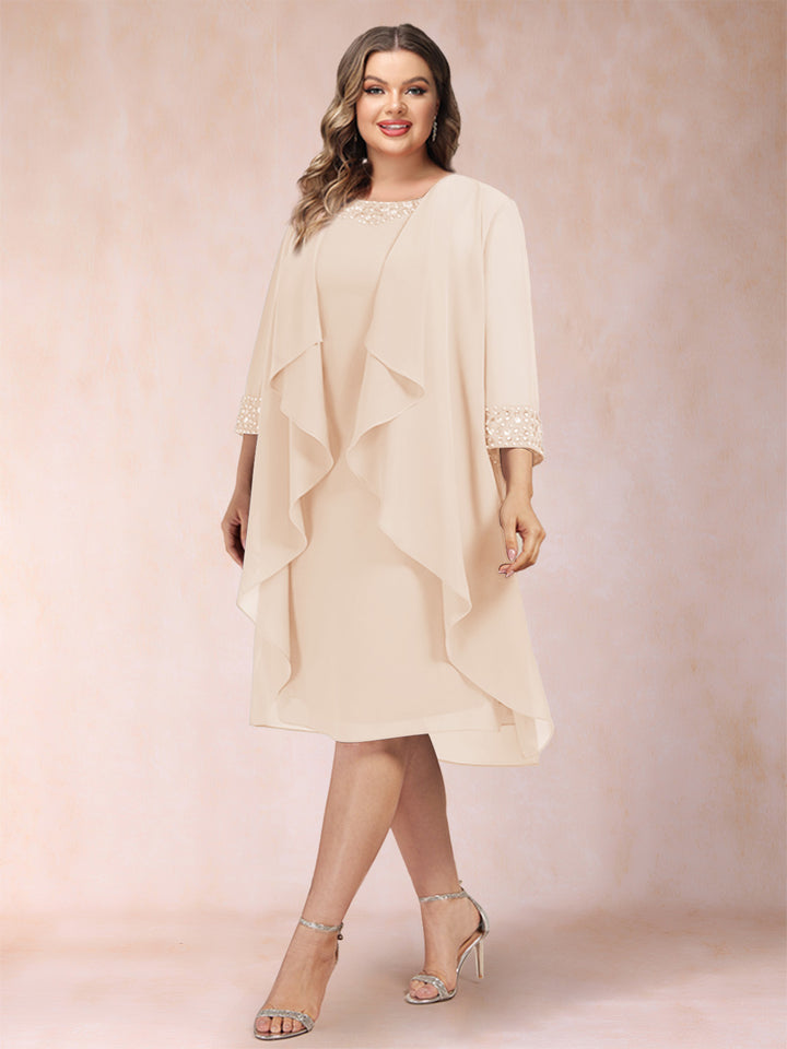 Sheath/Column Scoop 3/4 Sleeves 2 Pieces Plus Size Mother of the Bride Dresses with Rhinestone &amp; Jacket