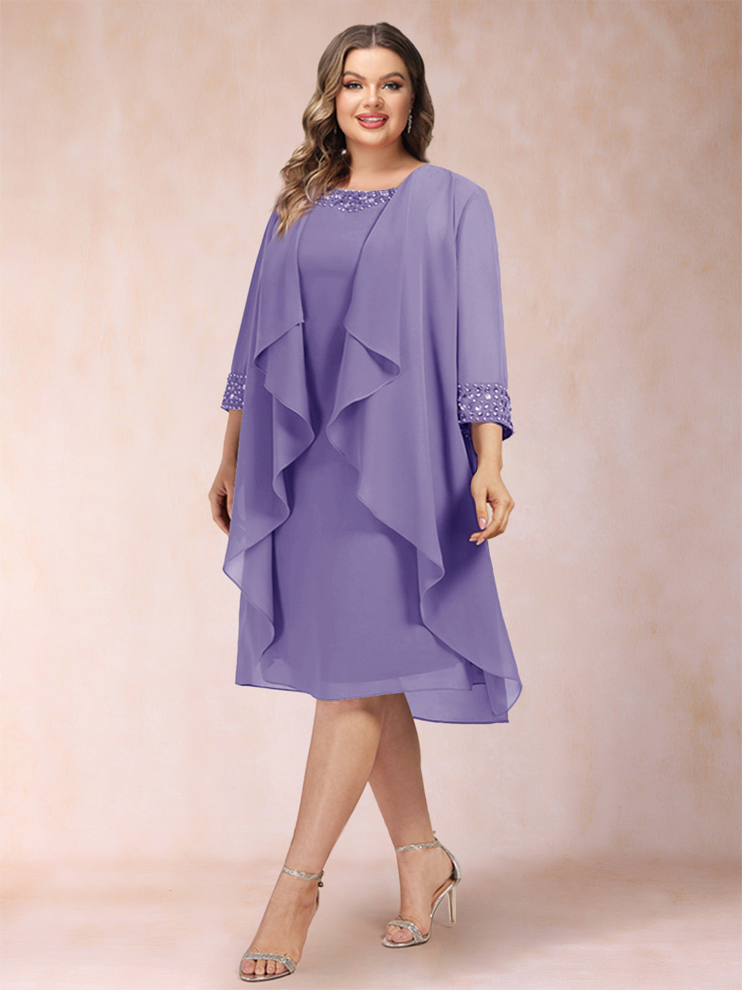 Sheath/Column Scoop 3/4 Sleeves 2 Pieces Plus Size Mother of the Bride Dresses with Rhinestone &amp; Jacket