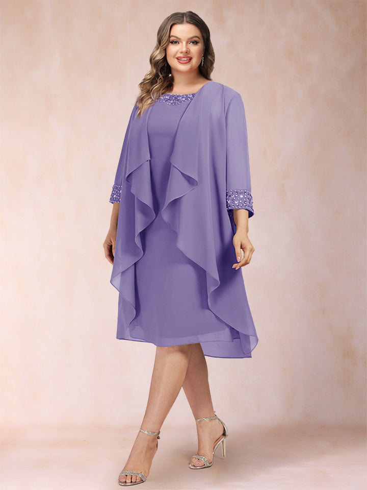Sheath/Column Scoop 3/4 Sleeves 2 Pieces Plus Size Mother of the Bride Dresses with Rhinestone &amp; Jacket
