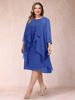 Sheath/Column Scoop 3/4 Sleeves 2 Pieces Plus Size Mother of the Bride Dresses with Rhinestone & Jacket