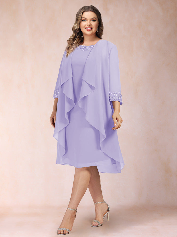 Sheath/Column Scoop 3/4 Sleeves 2 Pieces Plus Size Mother of the Bride Dresses with Rhinestone &amp; Jacket