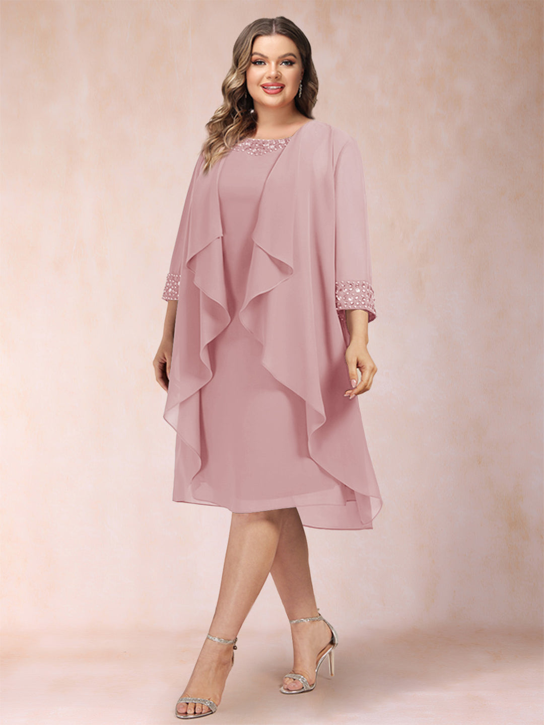 Sheath/Column Scoop 3/4 Sleeves 2 Pieces Plus Size Mother of the Bride Dresses with Rhinestone &amp; Jacket