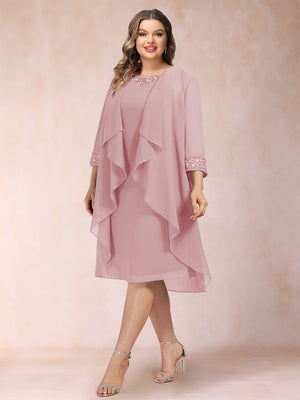 Sheath/Column Scoop 3/4 Sleeves 2 Pieces Plus Size Mother of the Bride Dresses with Rhinestone & Jacket