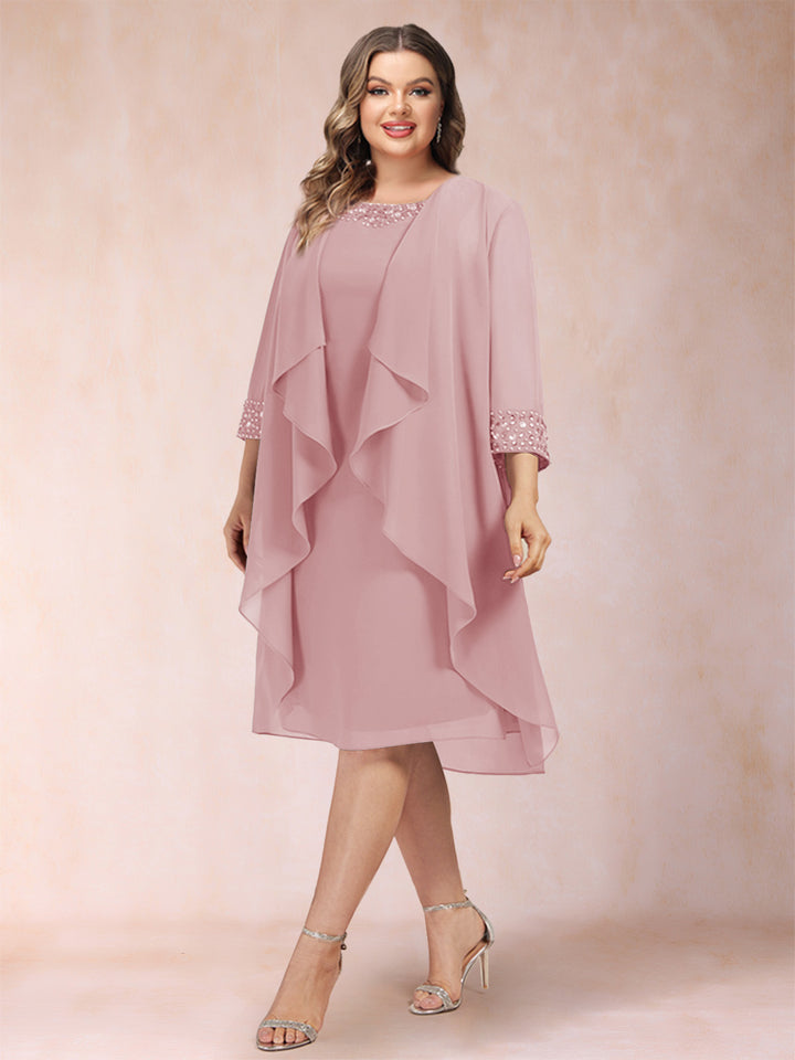 Sheath/Column Scoop 3/4 Sleeves 2 Pieces Plus Size Mother of the Bride Dresses with Rhinestone &amp; Jacket