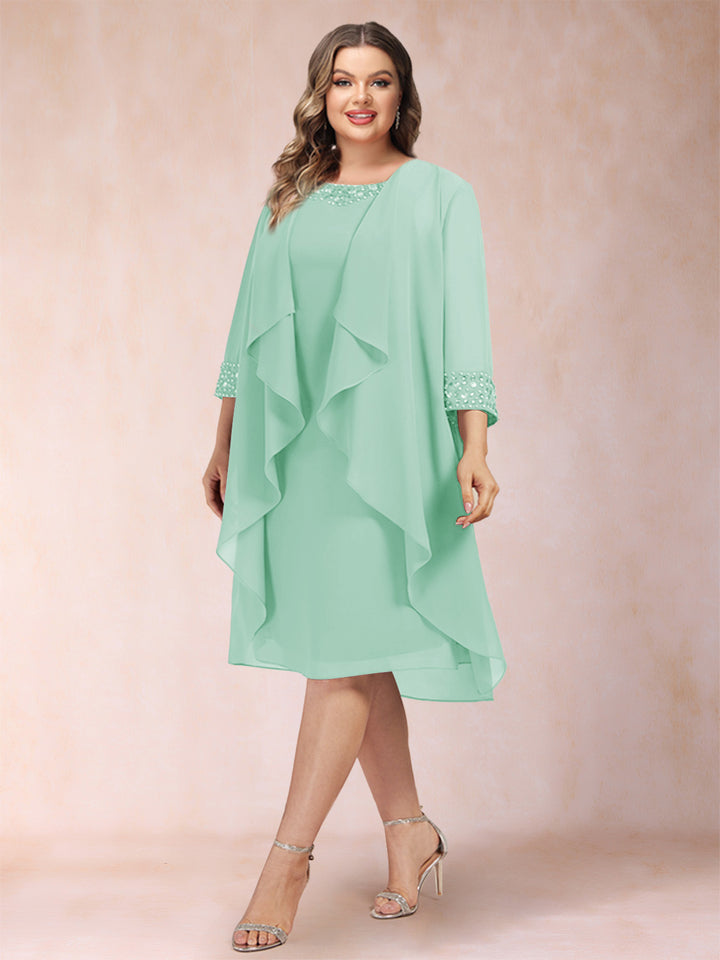 Sheath/Column Scoop 3/4 Sleeves 2 Pieces Plus Size Mother of the Bride Dresses with Rhinestone &amp; Jacket
