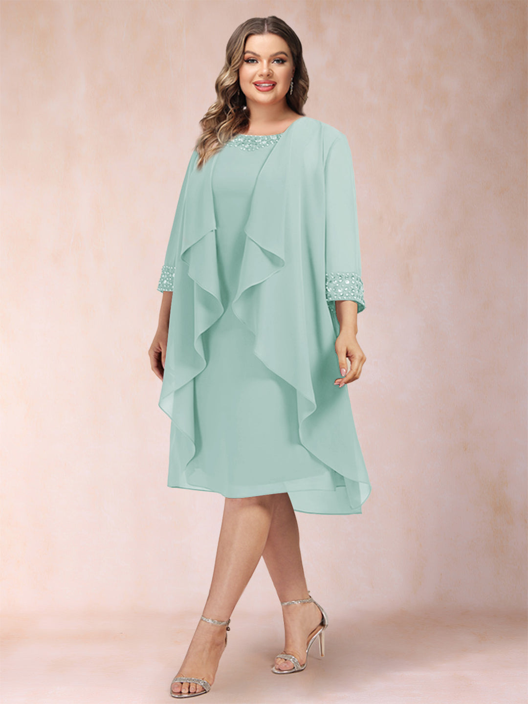Sheath/Column Scoop 3/4 Sleeves 2 Pieces Plus Size Mother of the Bride Dresses with Rhinestone &amp; Jacket